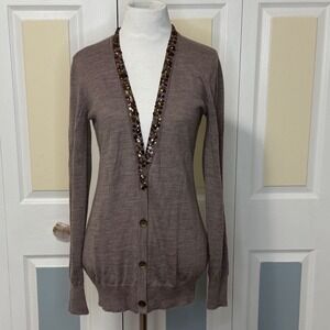 LOFT Brown Sequin Embellished Wool Blend Cardigan‎ Sweater Size S Long Sleeve